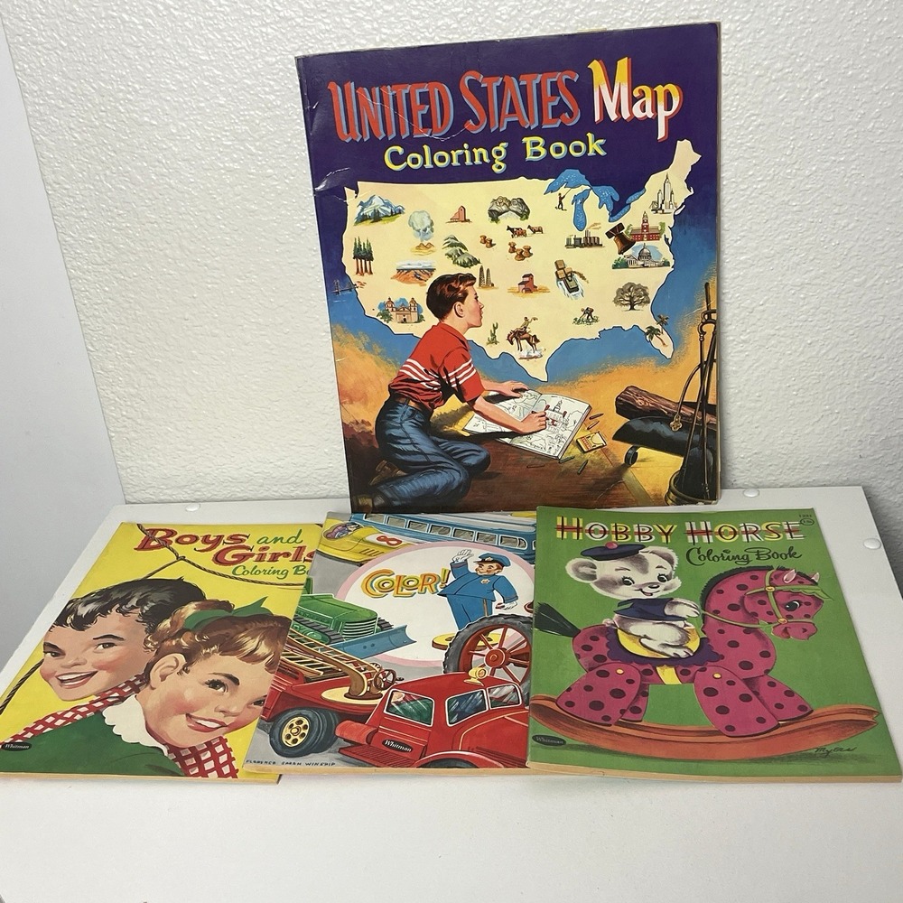 Vintage 1950s Whitman Coloring Books Lot of 4 Uncolored Animals US Map 1956